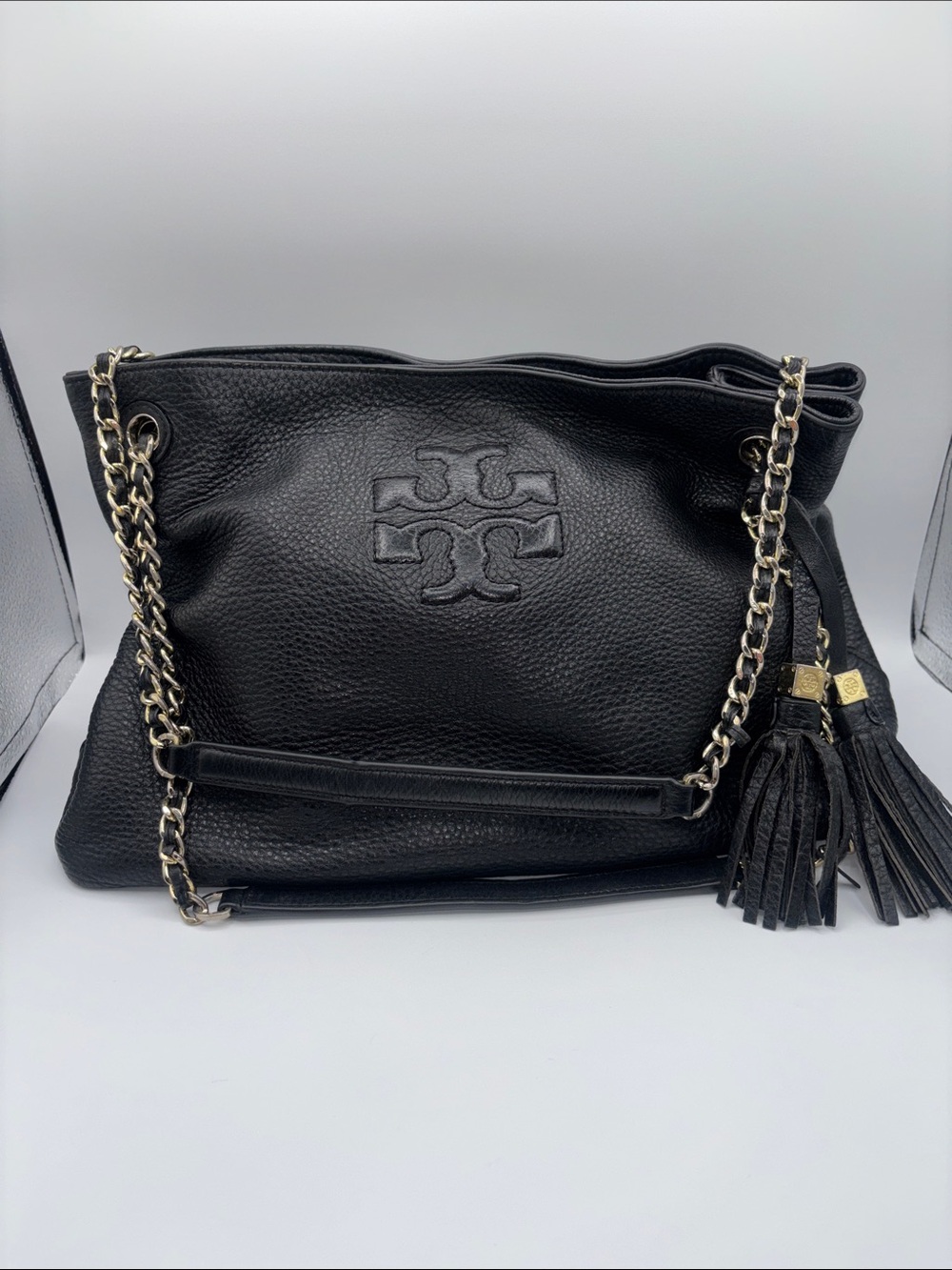 Tory Burch Black Pebbled Leather Chain Shoulder Bag with Tassels